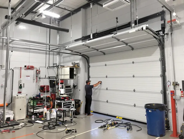 North Ridgeville Garage Door Repair certified technician performing commercial door repair at a North Ridgeville business facility