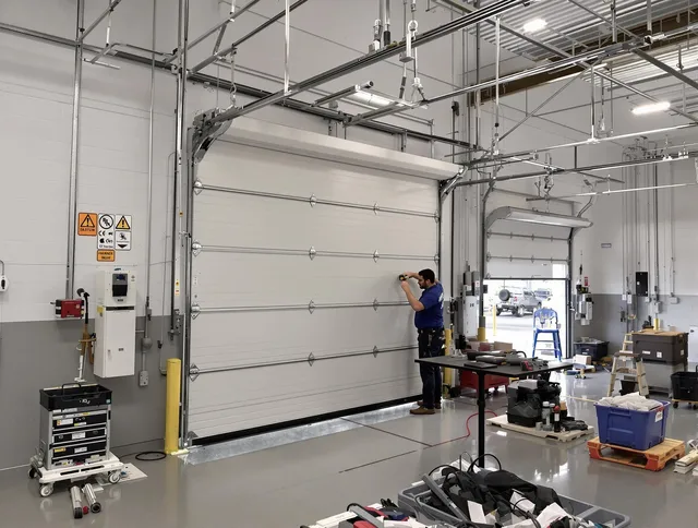 Commercial garage door repair being performed by North Ridgeville Garage Door Repair expert in North Ridgeville
