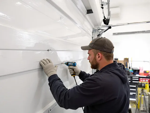 North Ridgeville Garage Door Repair technician demonstrating precision dent removal techniques on a North Ridgeville garage door
