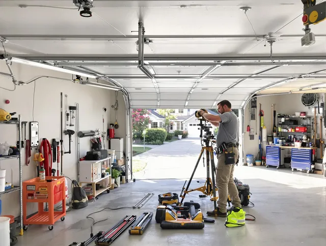 North Ridgeville Garage Door Repair specialist performing laser-guided track alignment in North Ridgeville